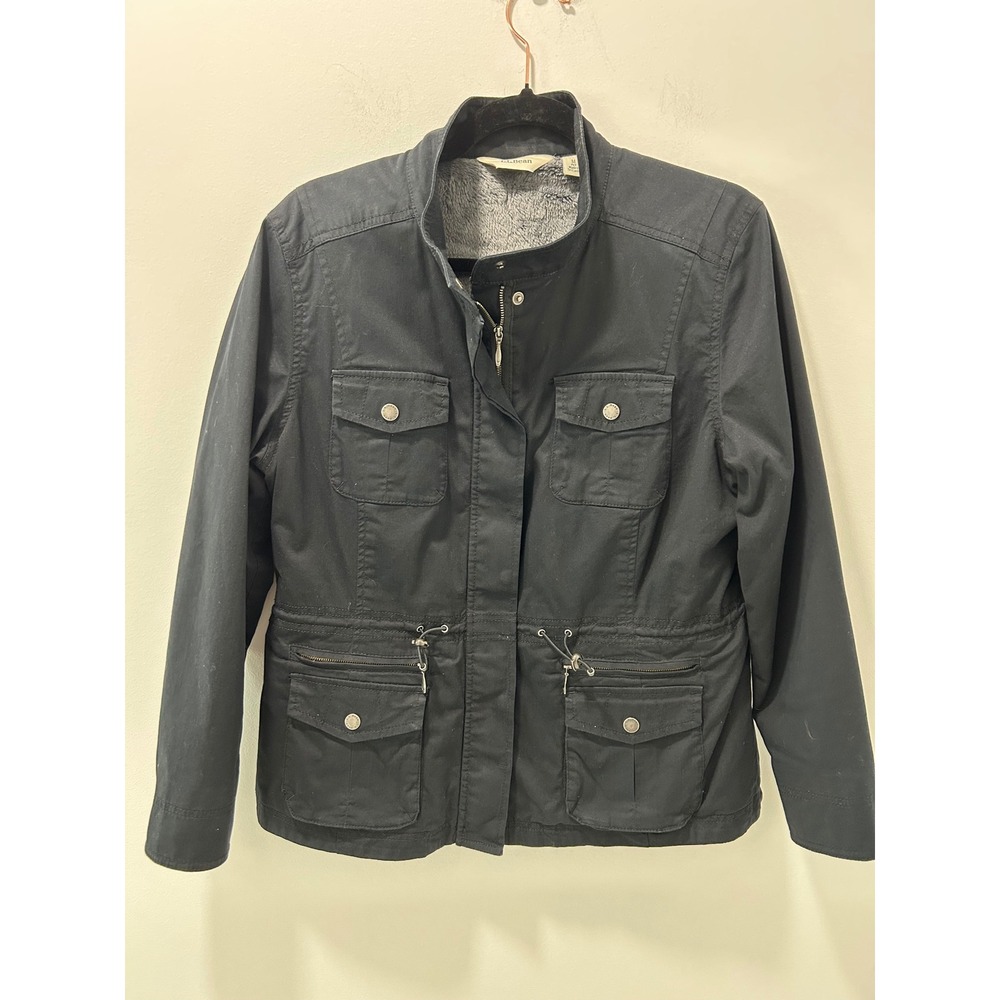 LL Bean Women Black Utility Field Jacket Fleece Lined Petite Medium 291651